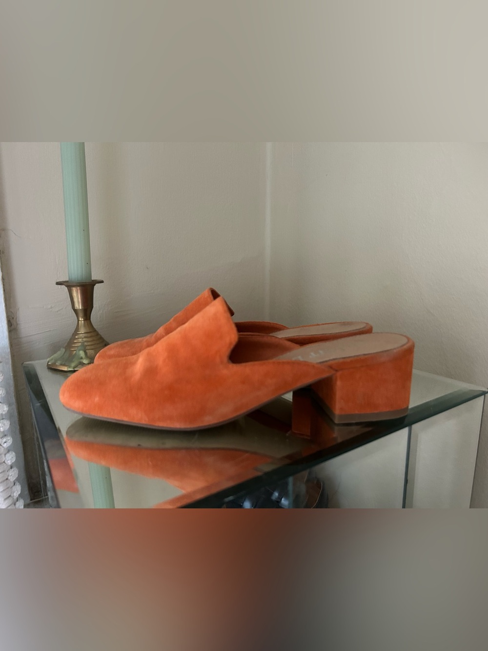 Silent D Orange Suede Block Heel Mules